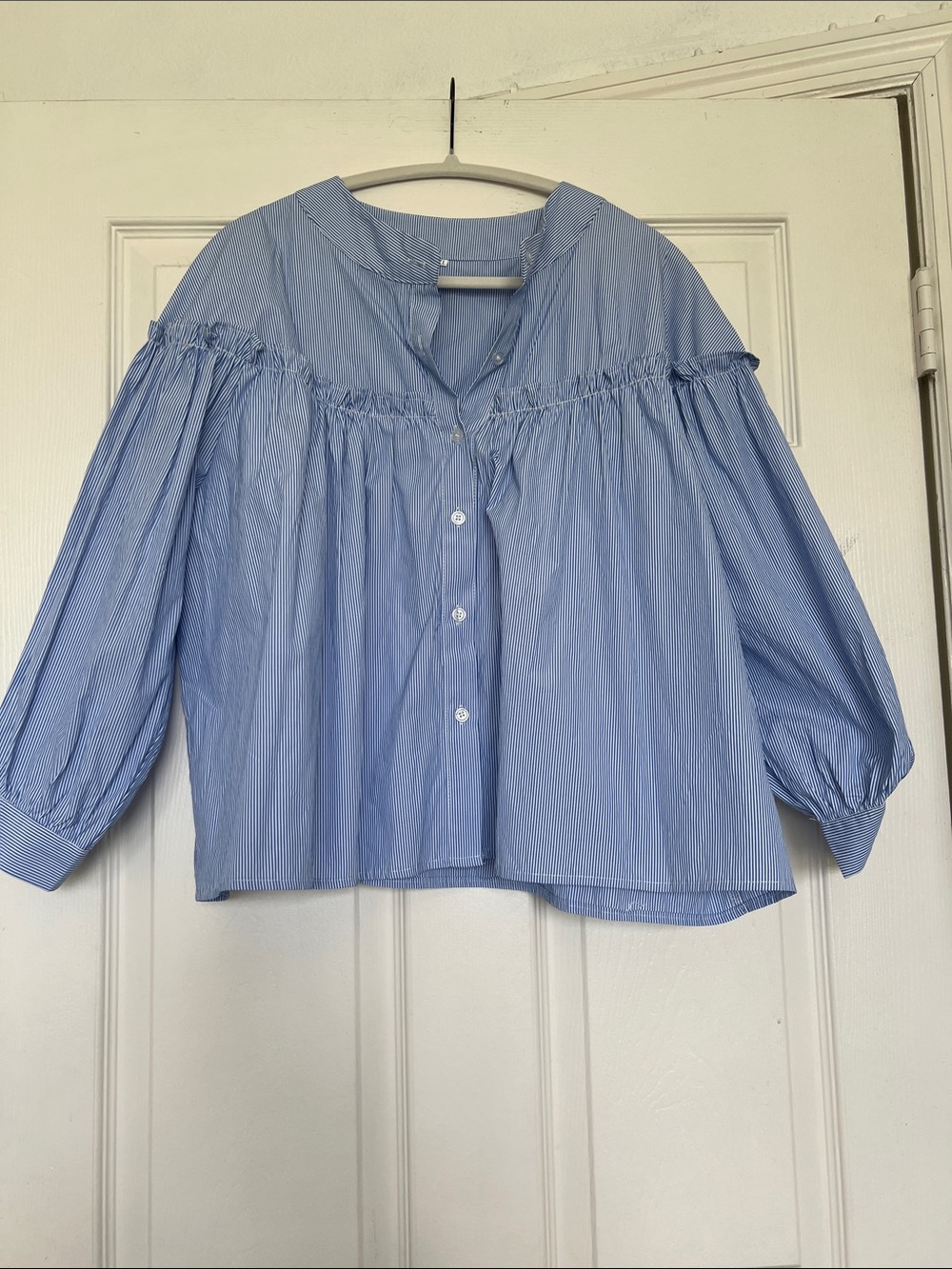Striped Light Blue Cotton Peasant Blouse - Women